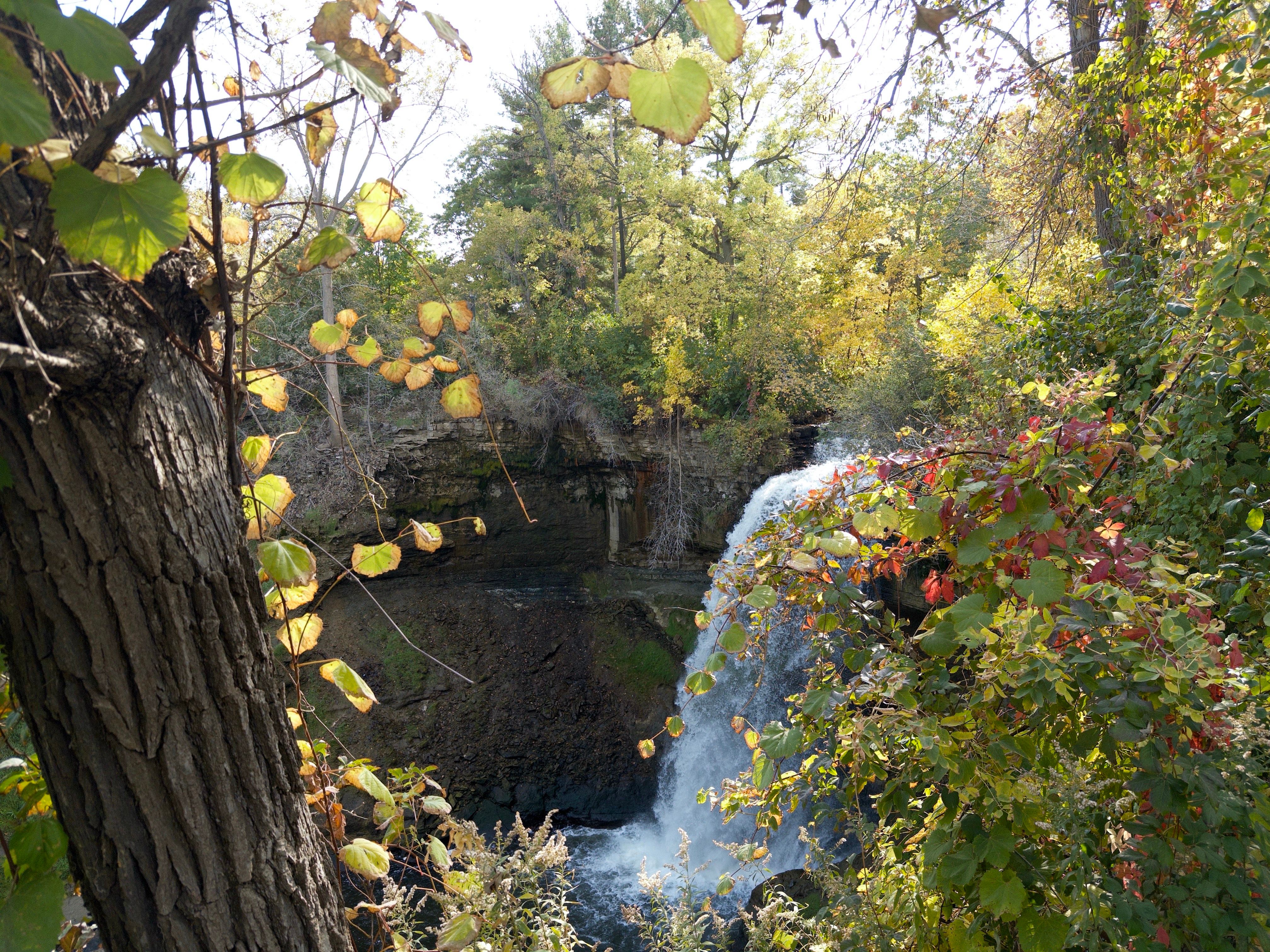 Minnehaha Falls from the side. This time you can see the falls. There is some foliage pleasantly framing the image.